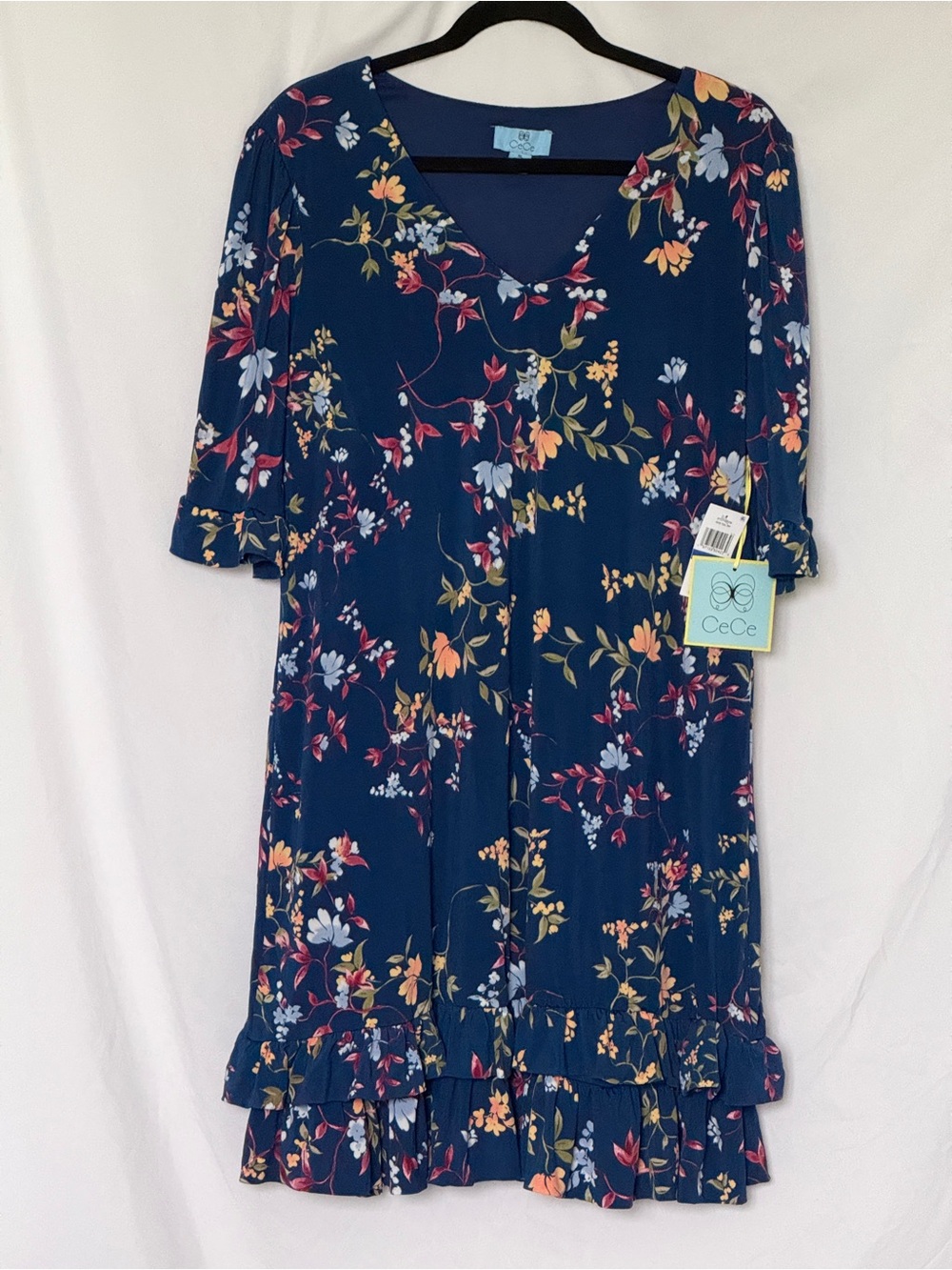 NWT CeCe XL Navy Floral Ruffle Hem Shift Dress 3/4 Bell Sleeve